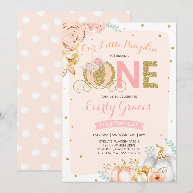 Pumpkin 1st Birthday Invitation Blush Pink Gold (Front/Back)