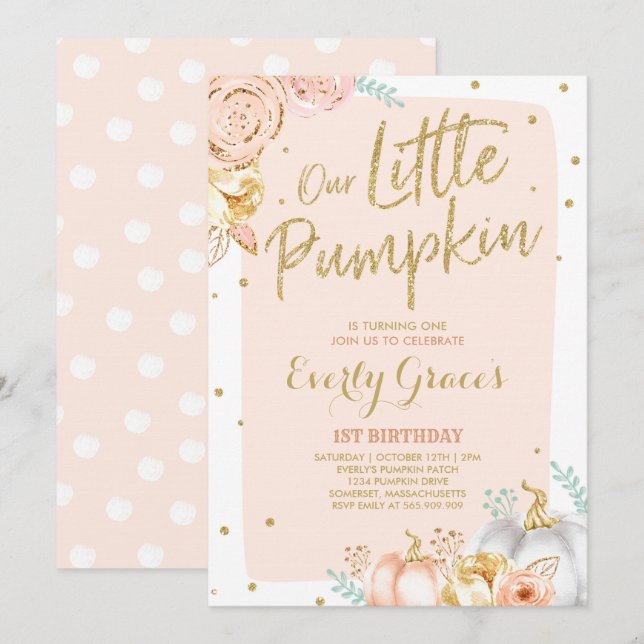 Pumpkin 1st Birthday Invitation Blush Pink Gold (Front/Back)