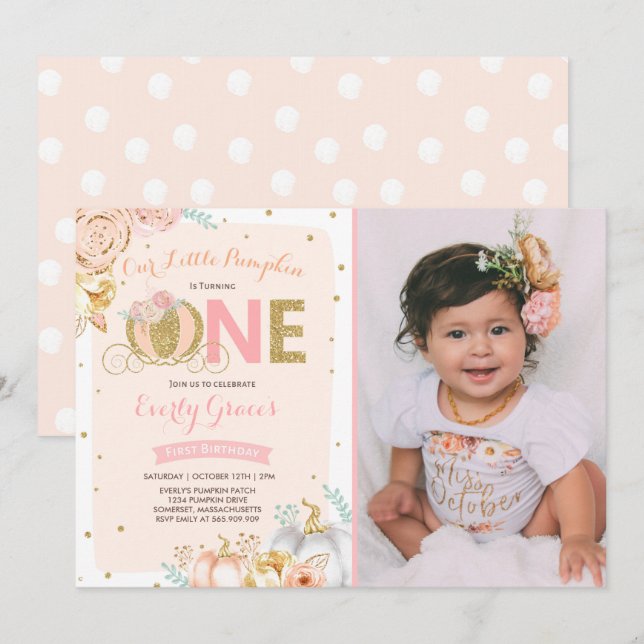 Pumpkin 1st Birthday Invitation Blush Pink Gold (Front/Back)