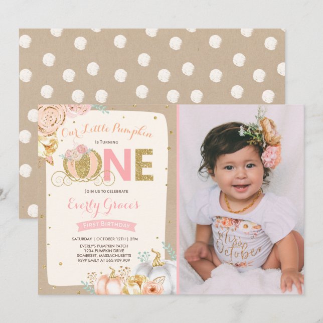 Pumpkin 1st Birthday Invitation Rustic Pink Gold (Front/Back)
