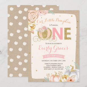 Pumpkin 1st Birthday Invitation Rustic Pink Gold