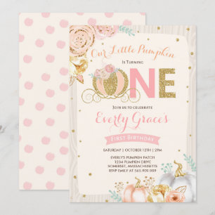 Pumpkin 1st Birthday Invitation Rustic Pink Gold