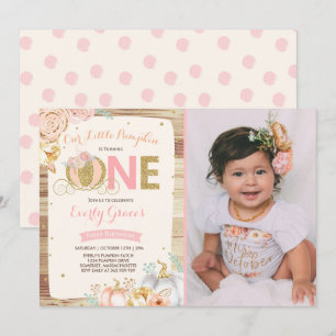 Pumpkin 1st Birthday Invitation Rustic Pink Gold