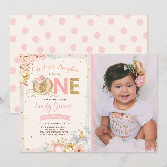 Pumpkin 1st Birthday Invitation Rustic Pink Gold (Front/Back)