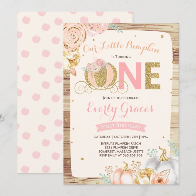 Pumpkin 1st Birthday Invitation Rustic Pink Gold (Front/Back)