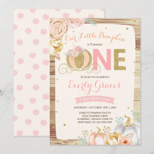 Pumpkin 1st Birthday Invitation Rustic Pink Gold