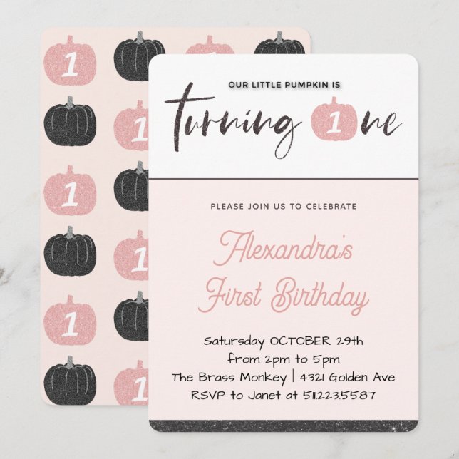 Pumpkin 1st Birthday Invitations Girl Pink Black (Front/Back)