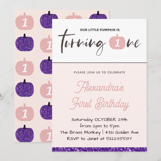 Pumpkin 1st Birthday Invitations Girl Pink Purple  (Front/Back)