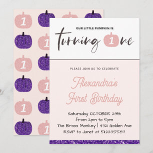 Pumpkin 1st Birthday Invitations Girl Pink Purple