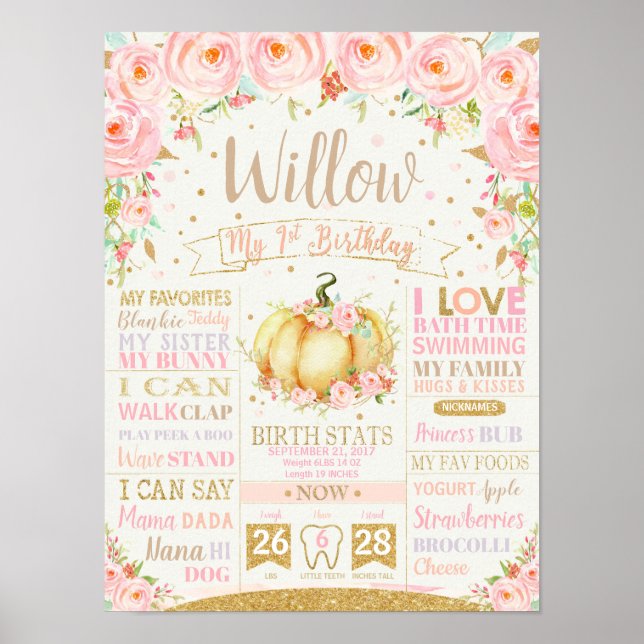 Pumpkin 1st Birthday Milestones Birth Stats Sign (Front)