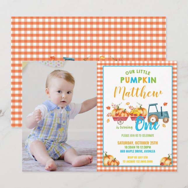 Pumpkin 1st Birthday Party Harvest Truck Boy Photo Invitation (Front/Back)