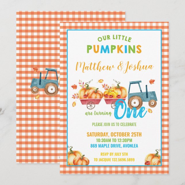 Pumpkin 1st Birthday Party Harvest Truck Twin Boys Invitation (Front/Back)