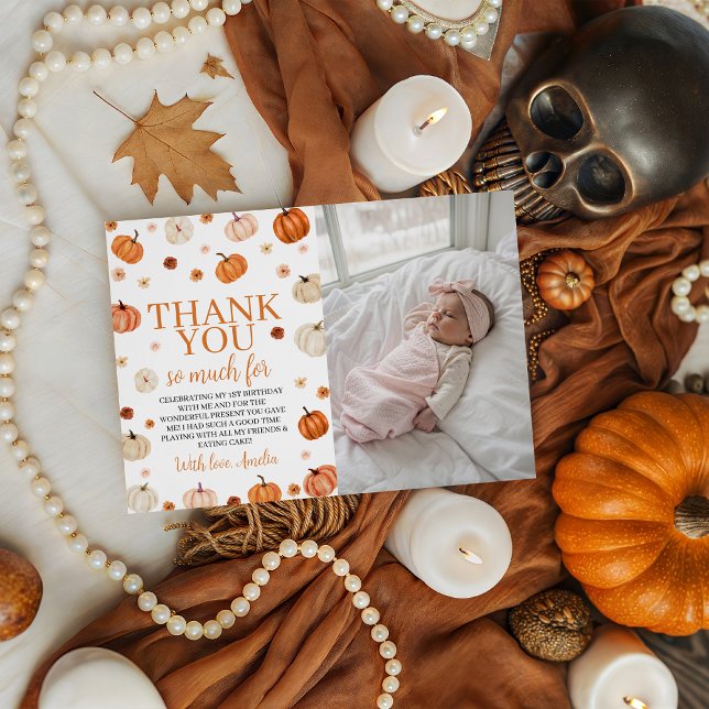 Pumpkin 1st Birthday Photo Thank You Card (Creator Uploaded)