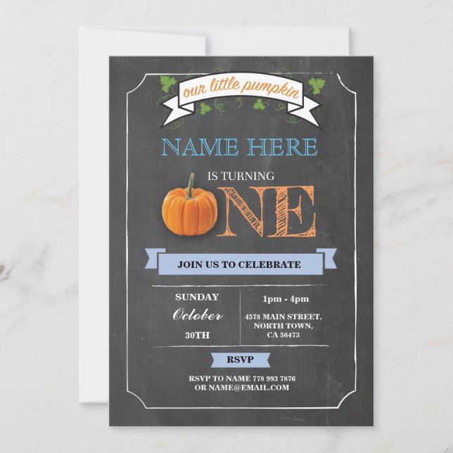 Pumpkin 1st First One Birthday Party Chalk Invite (Front)