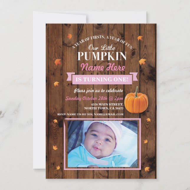 Pumpkin 1st First One Birthday Party Photo Invite (Front)