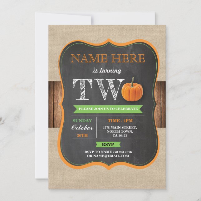 Pumpkin 2nd 2 Two Birthday Party Boy Girl Invite (Front)