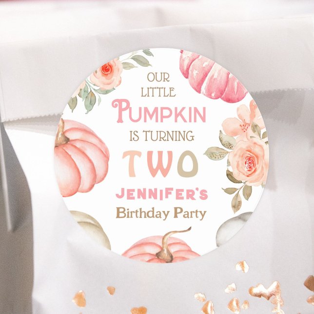 Pumpkin 2nd Birthday Bold Pink Girl Floral Party Classic Round Sticker (Creator Uploaded)