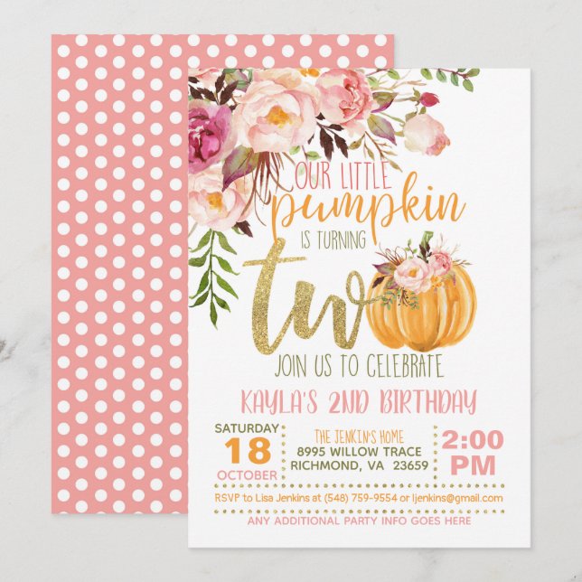 Pumpkin 2ND Birthday Invitation - Floral Pink Dots (Front/Back)