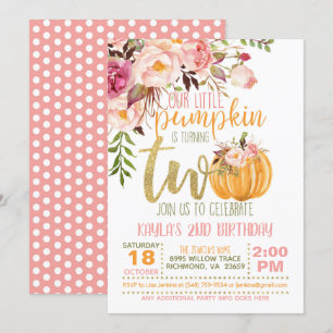Pumpkin 2ND Birthday Invitation - Floral Pink Dots
