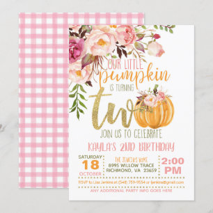 Pumpkin 2ND Birthday Invitation - Floral Plaid