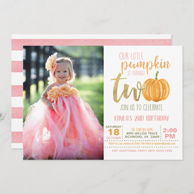Pumpkin 2nd Birthday Invitation for Girl w/Photo (Front/Back)