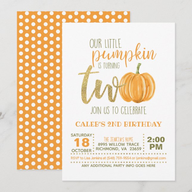 Pumpkin 2ND Birthday Invitation - Orange Dots (Front/Back)