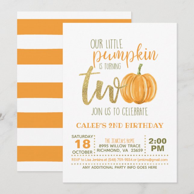 Pumpkin 2ND Birthday Invitation - Orange Stripes (Front/Back)