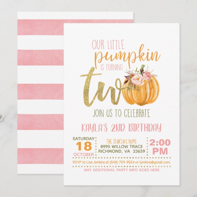 Pumpkin 2nd Birthday Invitation - Pink Stripes (Front/Back)