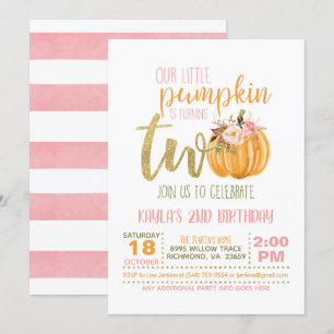 Pumpkin 2nd Birthday Invitation - Pink Stripes
