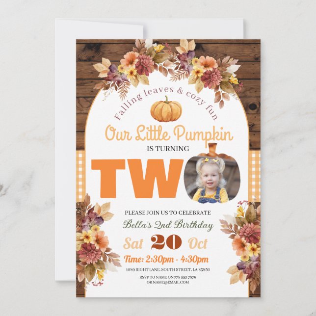 Pumpkin 2nd Birthday Little Photo Two Autumn Fall Invitation (Front)