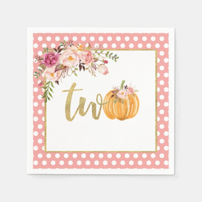 Pumpkin 2nd Birthday Napkin - Floral Pink Dots (Front)