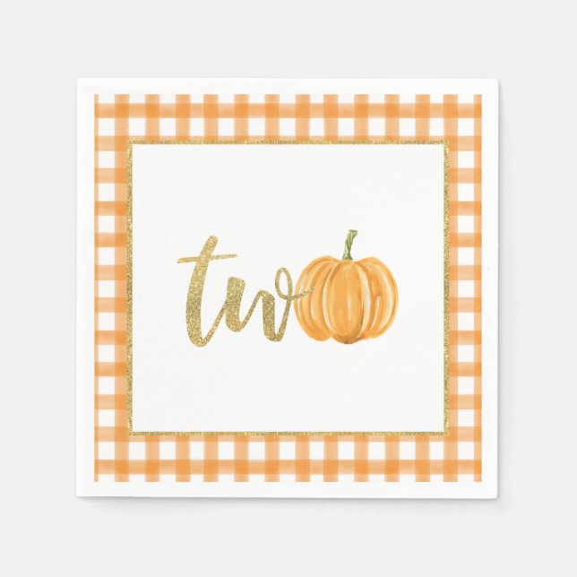 Pumpkin 2nd Birthday Napkin - Orange Plaid (Front)