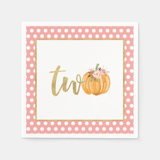 Pumpkin 2nd Birthday Napkin - Pink Dots (Front)