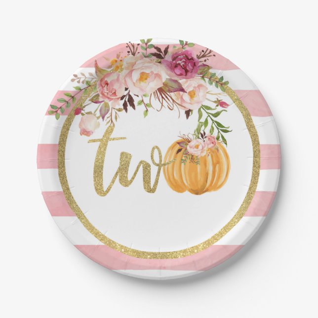 Pumpkin 2nd Birthday Paper Plate - Floral Stripes (Front)