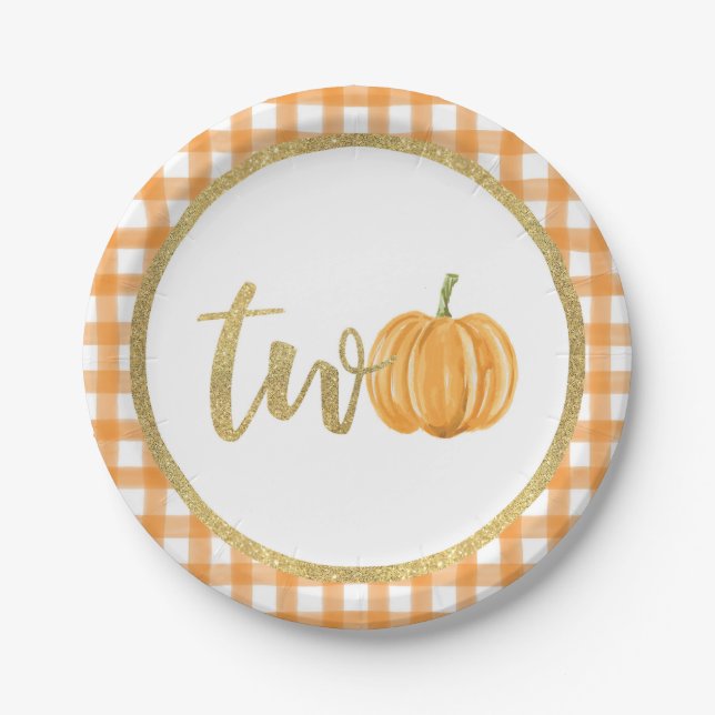 Pumpkin 2nd Birthday Paper Plate - Orange Plaid (Front)