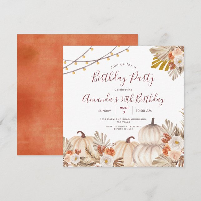 Pumpkin 30th Birthday Party Boho Pampas Grass Invitation (Front/Back)