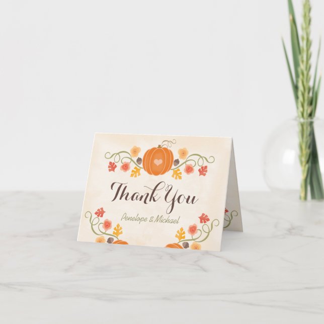 Pumpkin and Acorn Floral Fall Wedding Thank You Card (Front)