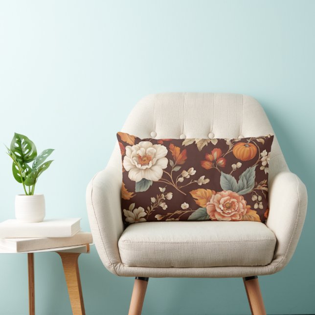 Pumpkin and Autumn Flowers Lumbar Cushion (Chair)
