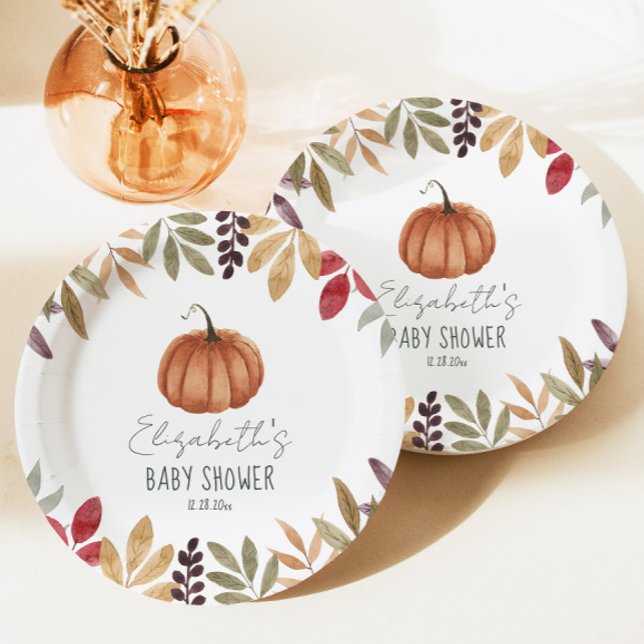 Pumpkin and Autumn Leaves Baby Shower Paper Plate (Creator Uploaded)