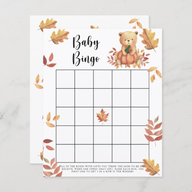 Pumpkin and Bear - Baby shower bingo game (Front/Back)