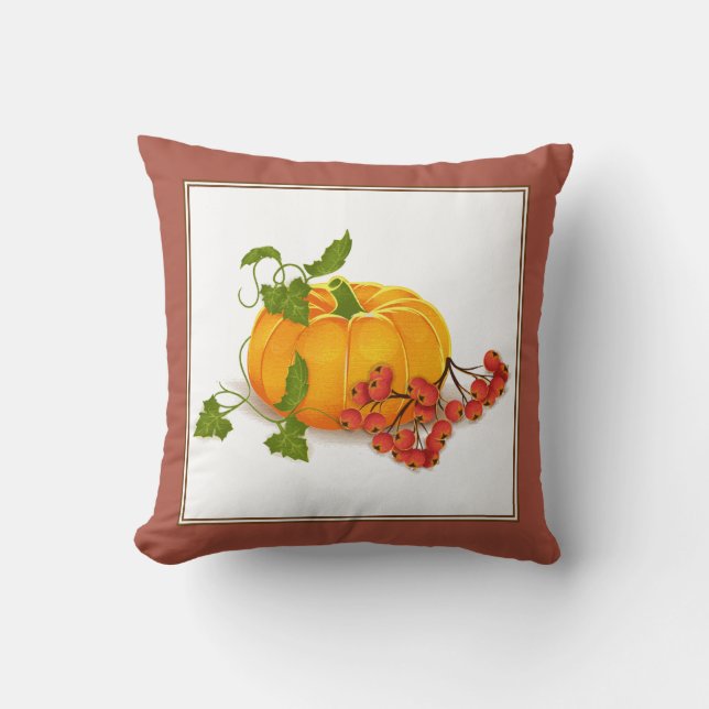 Pumpkin and berries terracotta fall Thanksgiving Cushion (Front)