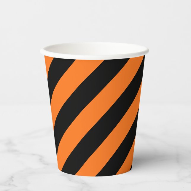 Pumpkin and Black Large Size Diagonal Stripes Paper Cups (Front)