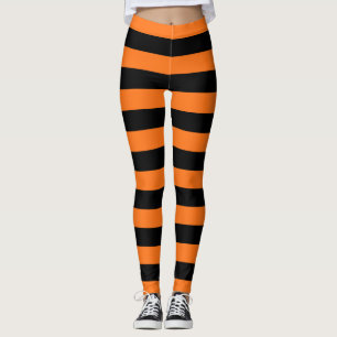 Pumpkin and Black Large Size Horizontal Stripes Leggings