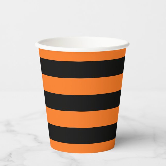 Pumpkin and Black Large Size Horizontal Stripes Paper Cups (Front)