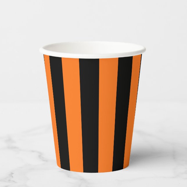 Pumpkin and Black Large Size Vertical Stripes Paper Cups (Front)