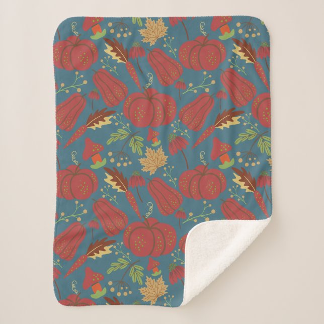 Pumpkin and carrot  seamless pattern red and blue sherpa blanket (Front)