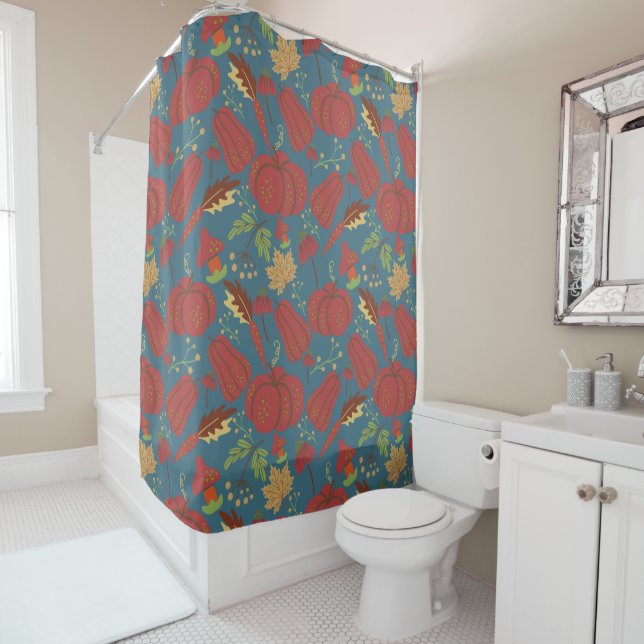 Pumpkin and carrot  seamless pattern red and blue shower curtain (In Situ)