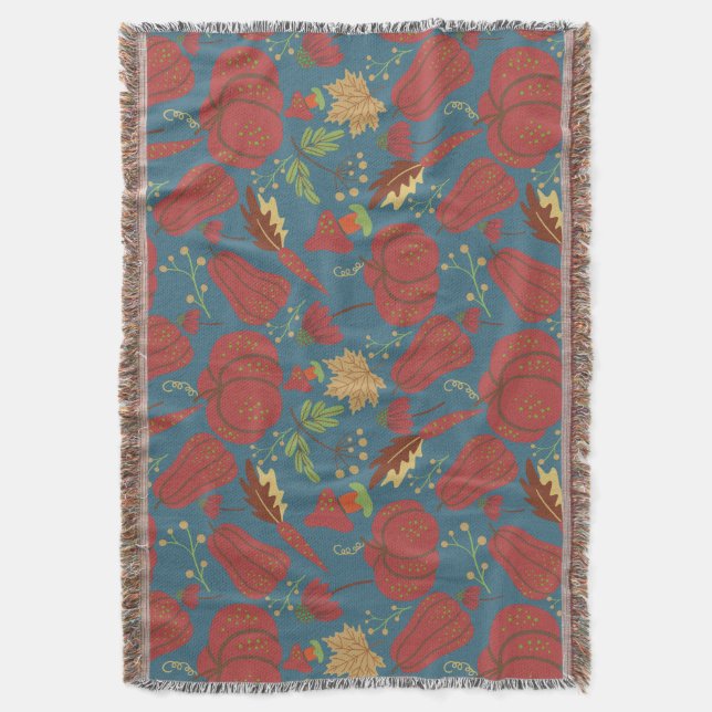 Pumpkin and carrot  seamless pattern red and blue throw blanket (Front Vertical)