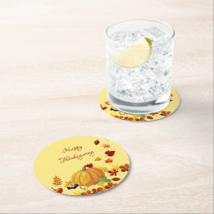 Pumpkin And Colourful Leaves Round Paper Coaster