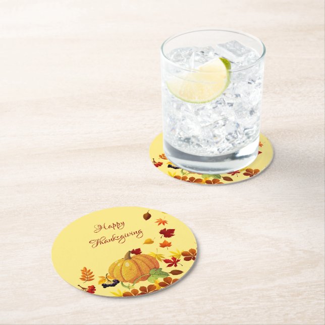 Pumpkin And Colourful  Leaves Round Paper Coaster (Insitu)